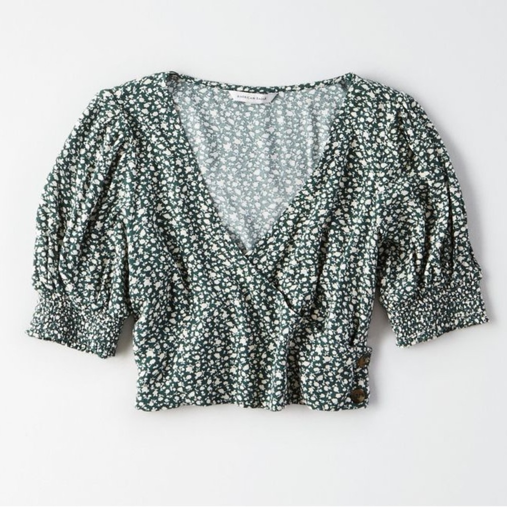 American Eagle Green Floral Peasant Top